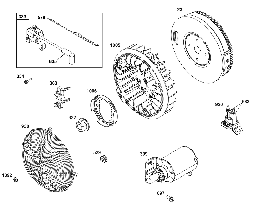 Flywheel, Ignition, And Starter Group Diagram and Parts List for 386447-3331-G1 200000 - 399999 Briggs and Stratton Engine
